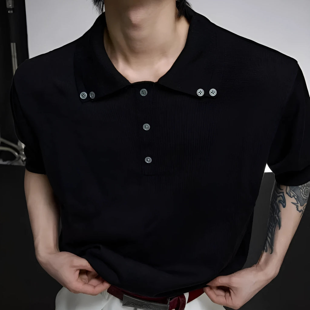 Men's black polyester short sleeve shirt with double collar lapel design and fastener decoration