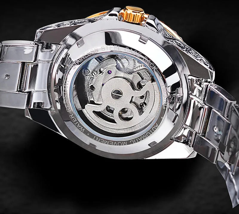 Forsining yellow skeleton tourbillon mechanical watch with stainless steel case and automatic movement