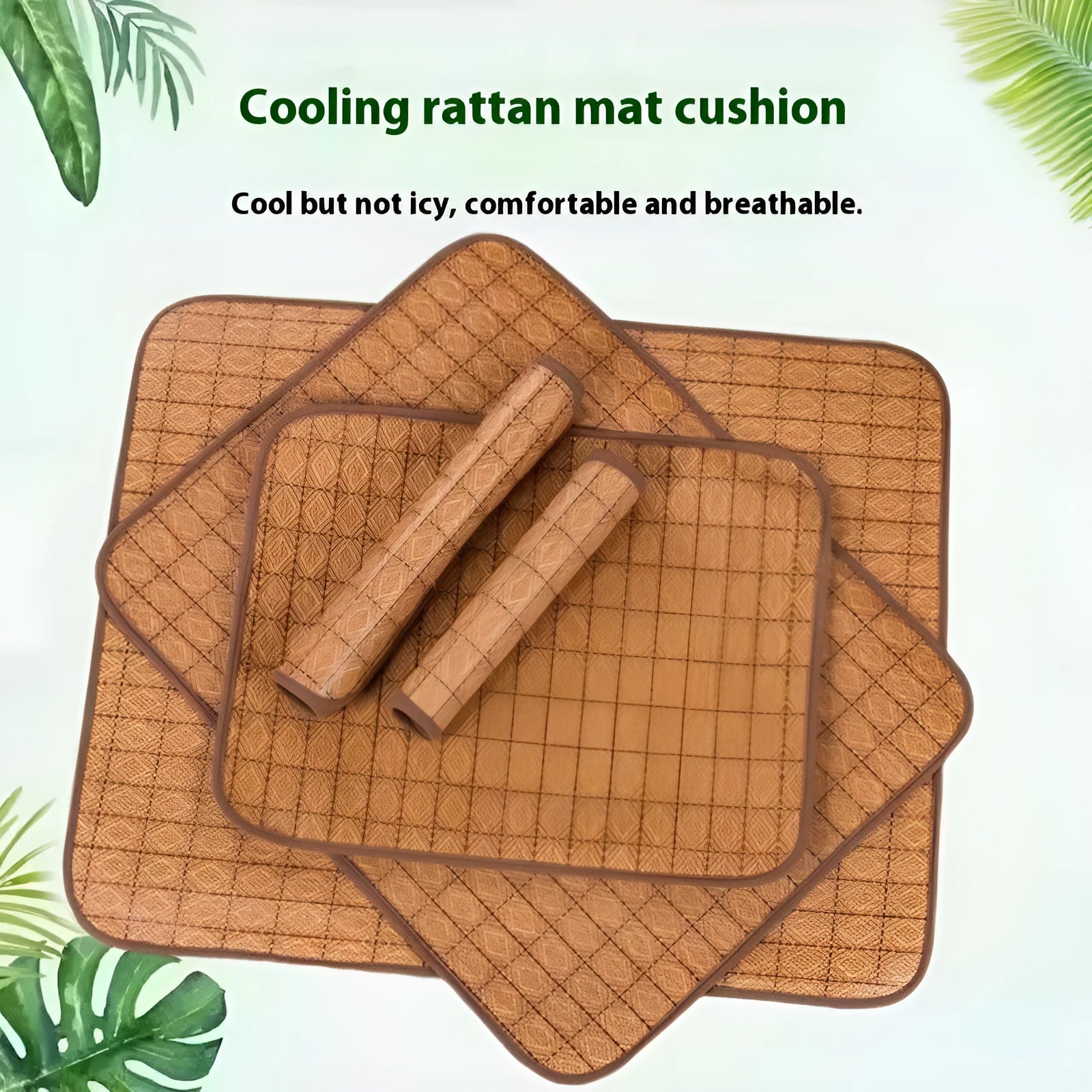 Brown rattan fibre dog cooling mat shown in multiple size options