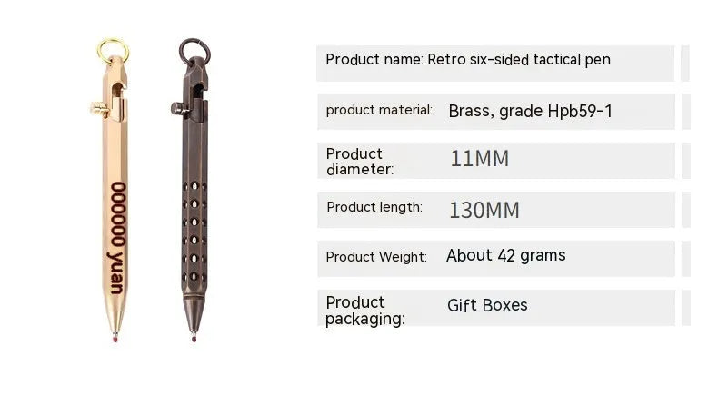 Brass hexagonal bolt rollerball pen with six-sided barrel and 0.5mm writing tip