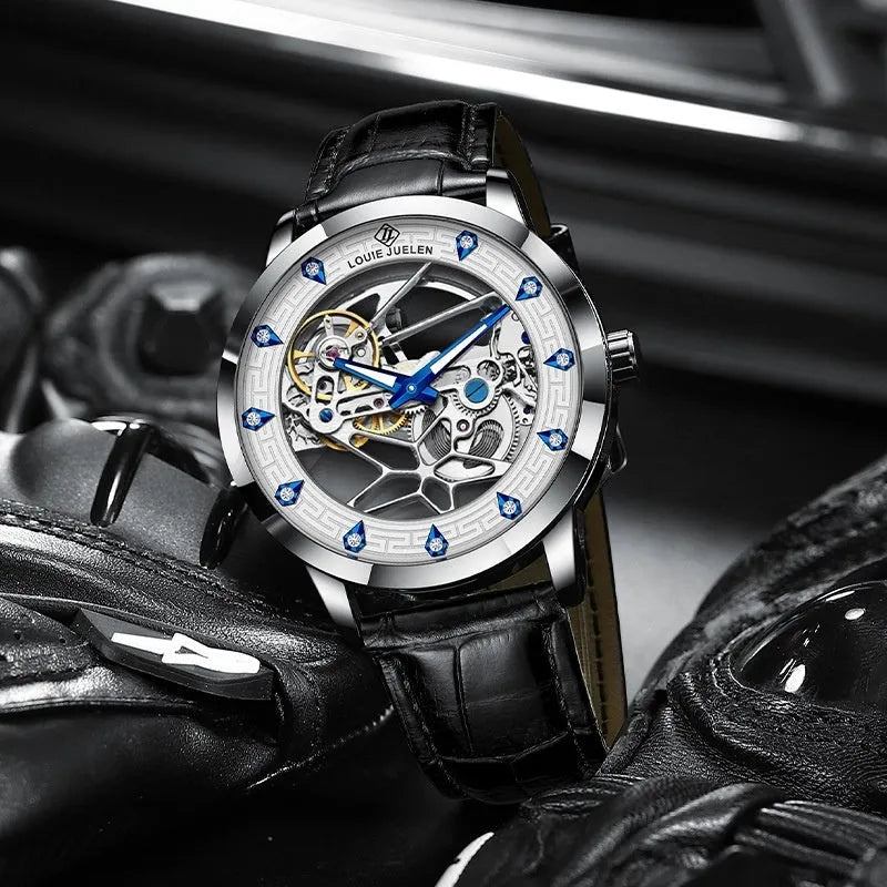 Men's silver stainless steel mechanical watch with luminous hands, black leather strap and waterproof design