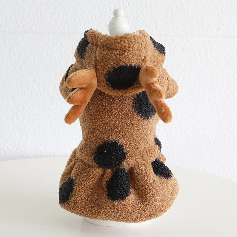 Dog or cat wearing polka dot elk couple clothing in skirt or four-leg style.