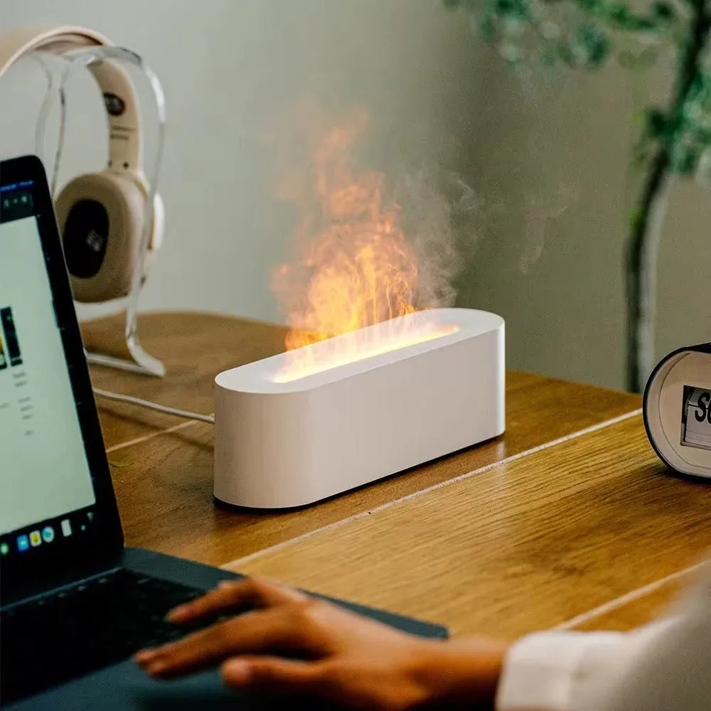Square desktop humidifier with colourful lava lamp flame lighting effect and mist output