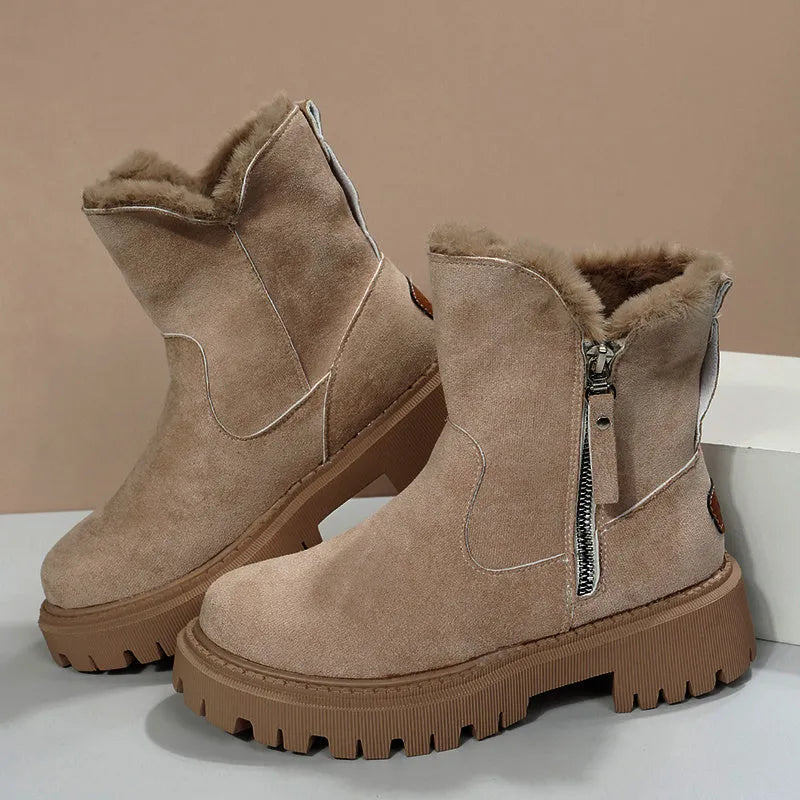 Black women's high-top snow boots with side zipper, faux suede upper, and non-slip rubber sole.