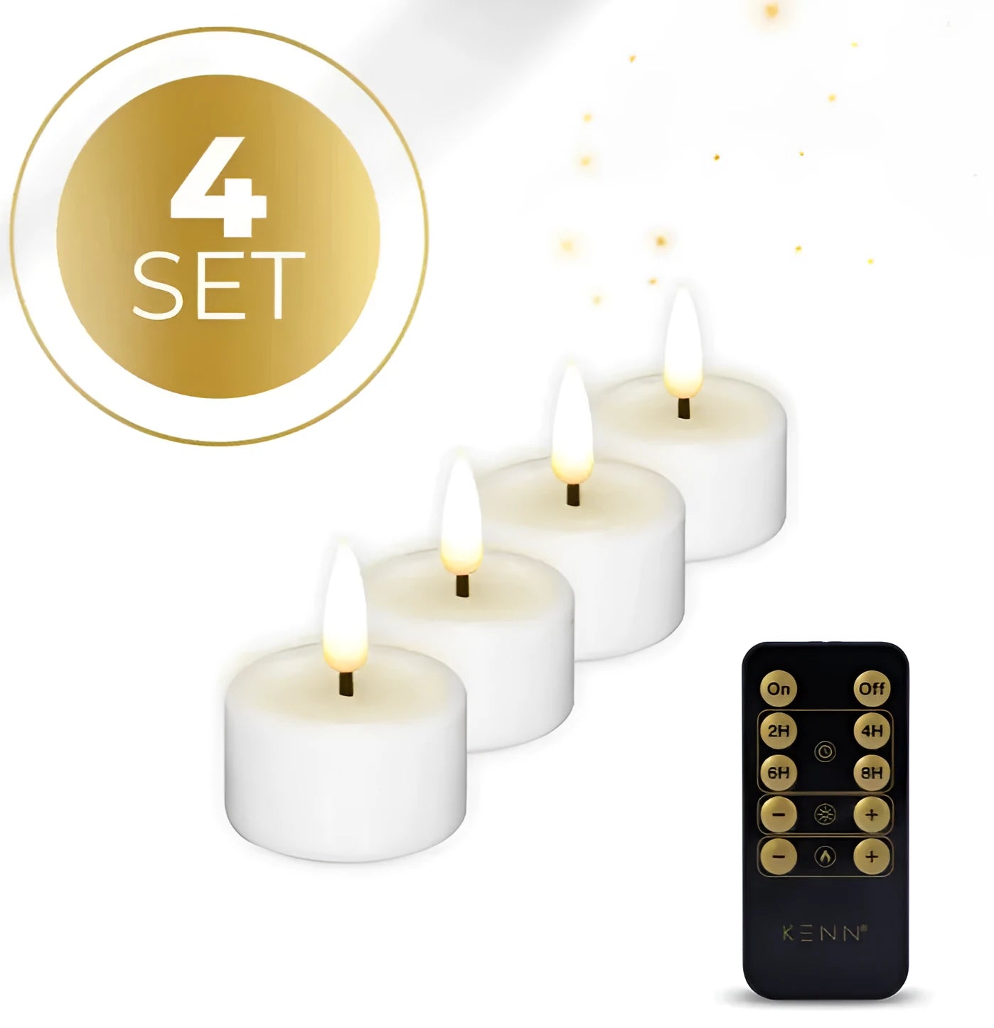 Four white S4 LED tealight candles with flickering flame effect, shown from above.