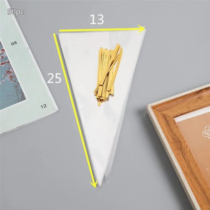 Clear triangle-shaped plastic packaging bag with a white tie wire closure, shown in three different sizes.