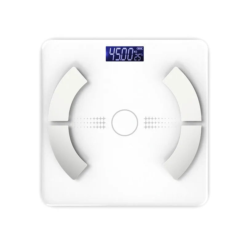 White smart Bluetooth body fat scale on bathroom floor showing digital display
