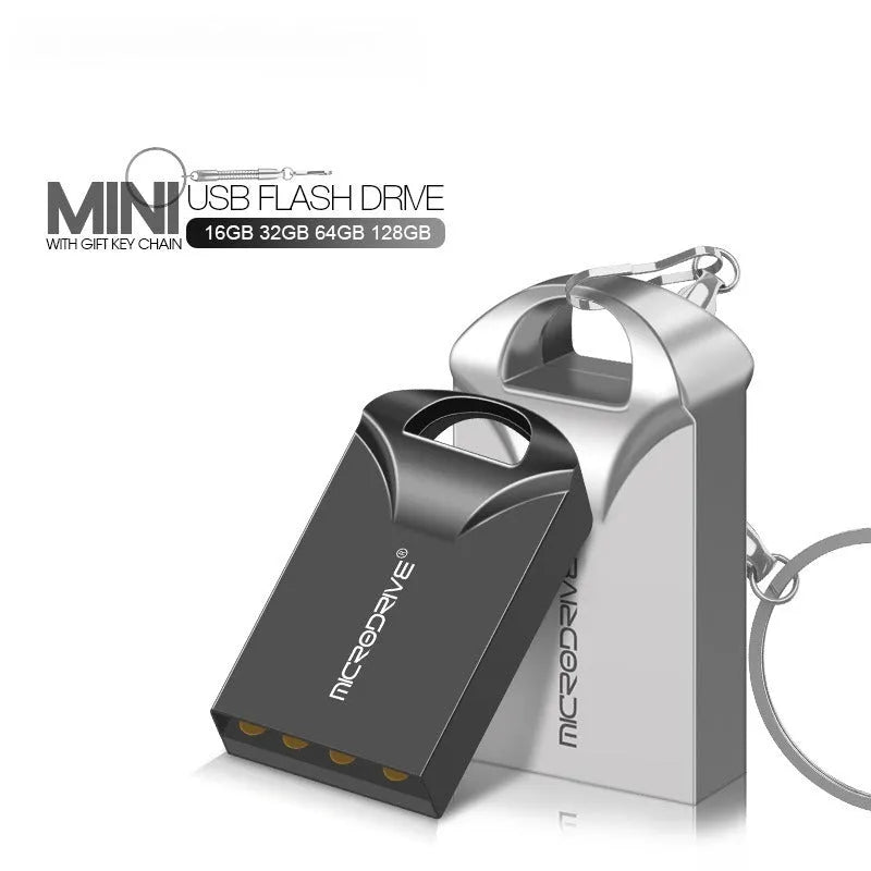 Small black and silver metal USB flash drive showing front and side views