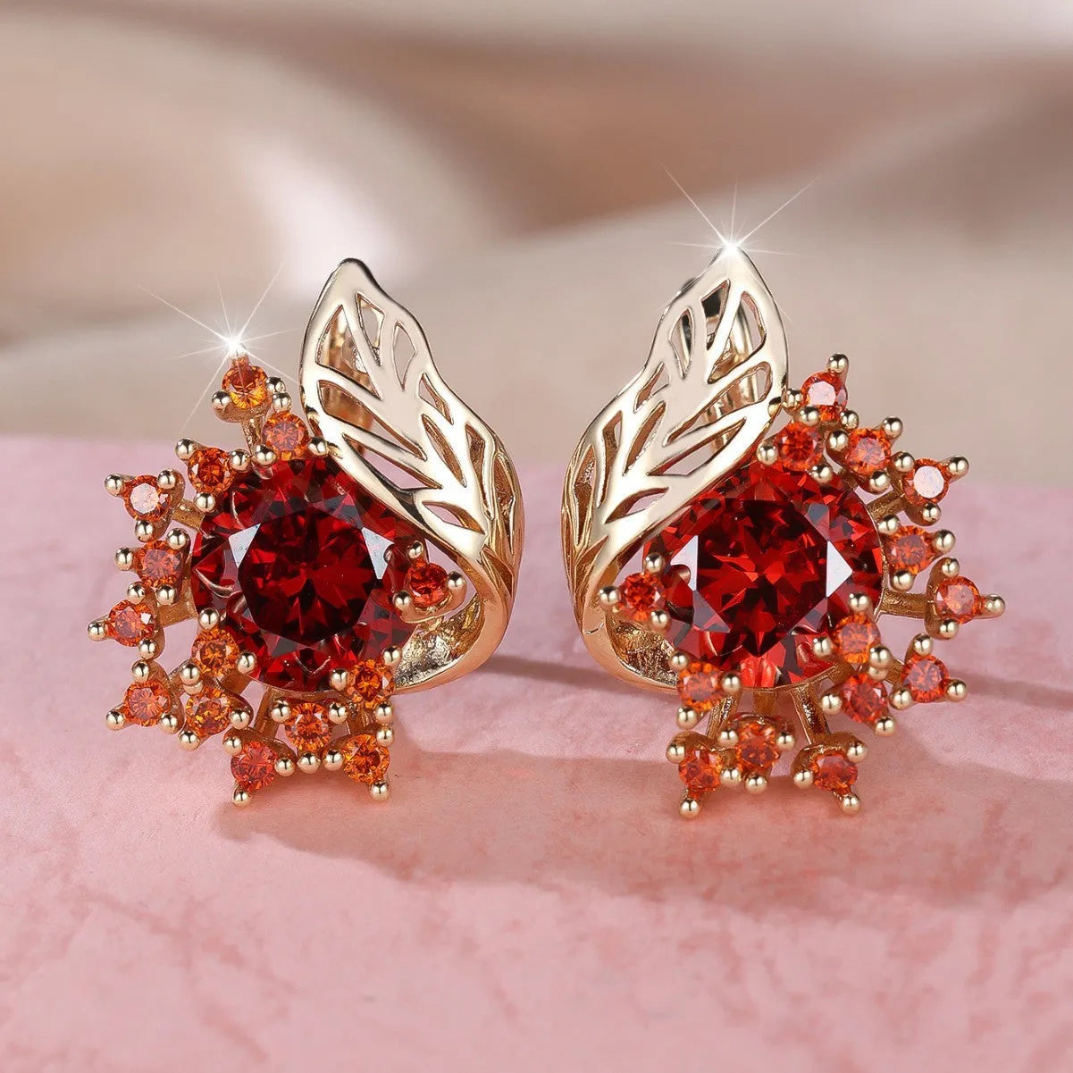 Round flowers feather zircon earrings in rose gold electroplated finish with multiple diamond colour options