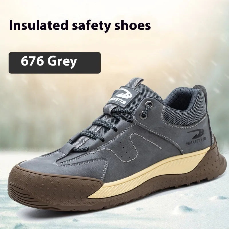Men's black Flyknit leather work shoes with a safety toe cap and rubber sole on a work site background.