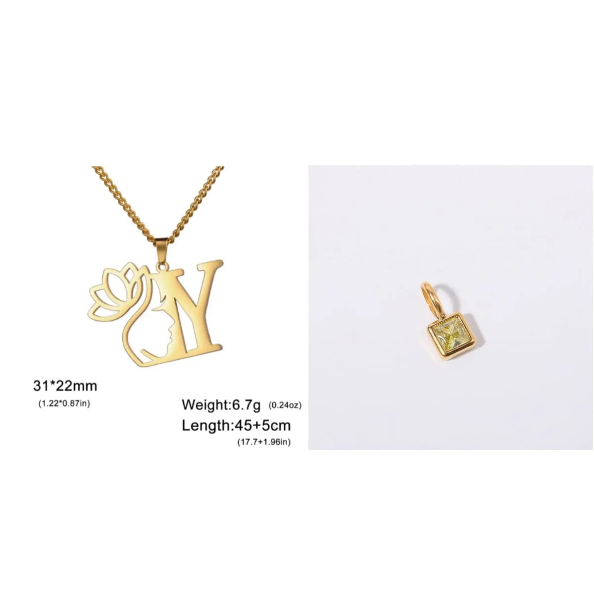 Stainless steel necklace with a single alphabet letter pendant on a cross chain, in gold or silver colour.