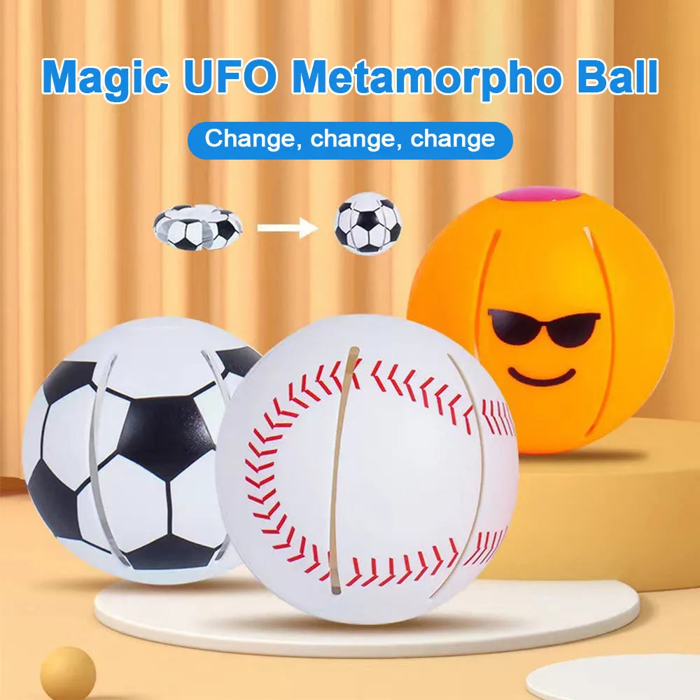 Interactive glowing dog toy ball that transforms to flying disc, shown in orange colour with 9cm diameter measurement