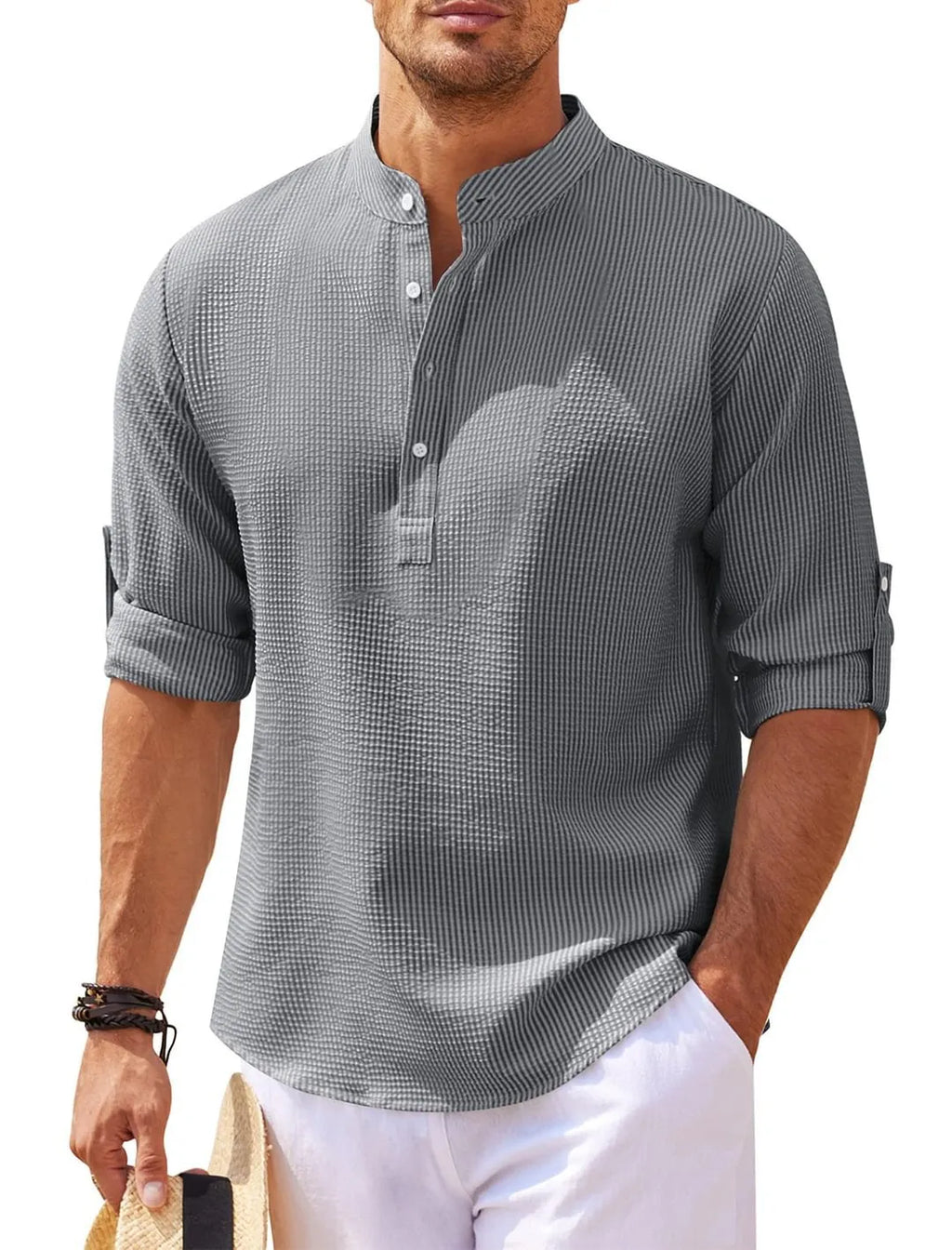 Men's casual shirt with stand collar, long sleeves, and solid colour design in khaki