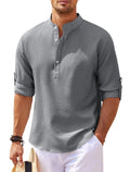 Men's casual shirt with stand collar, long sleeves, and solid colour design in khaki