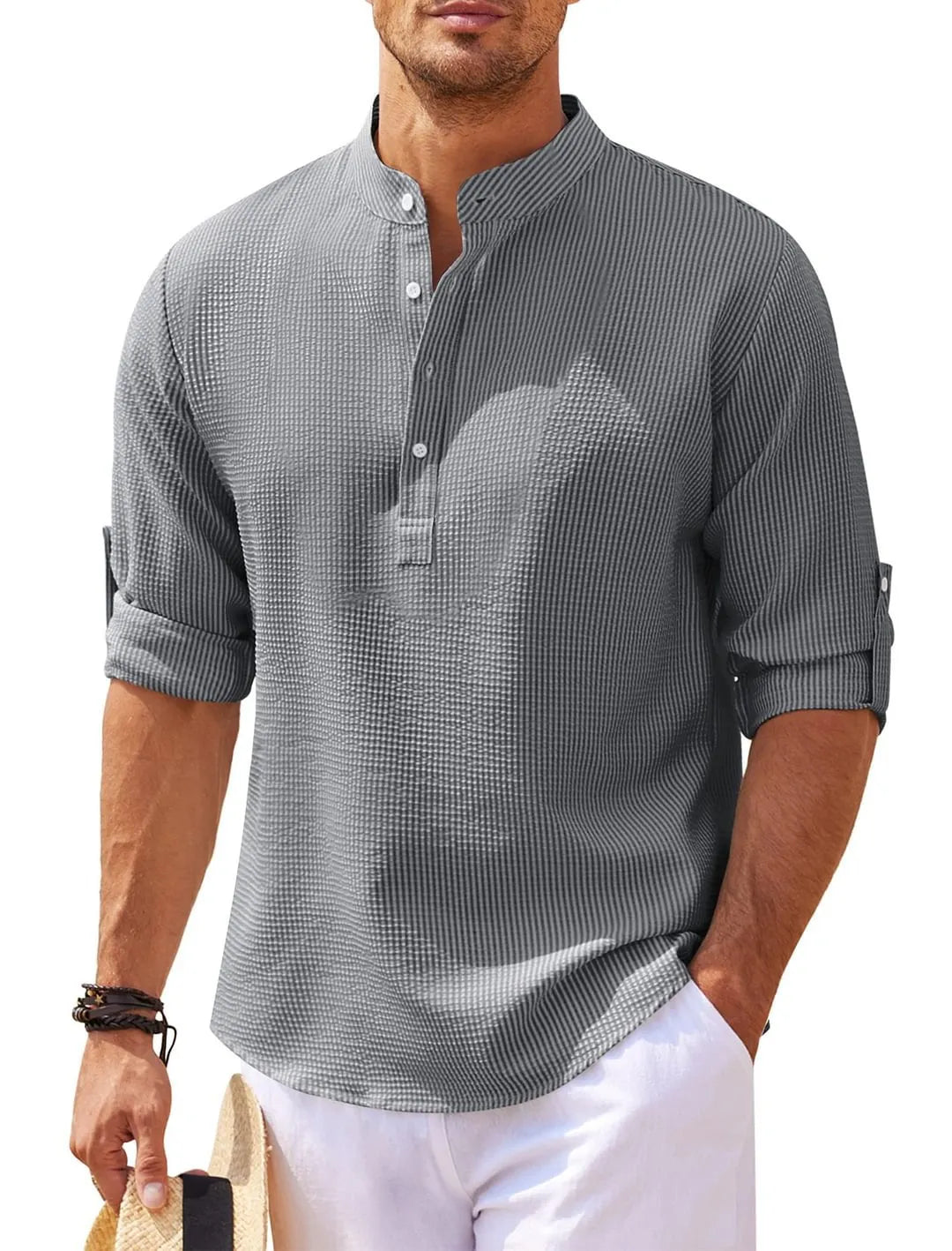 Men's casual shirt with stand collar, long sleeves, and solid colour design in khaki