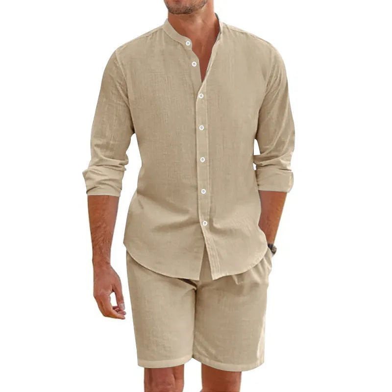 Men's light blue linen-blend short sleeve shirt and drawstring shorts summer suit set.