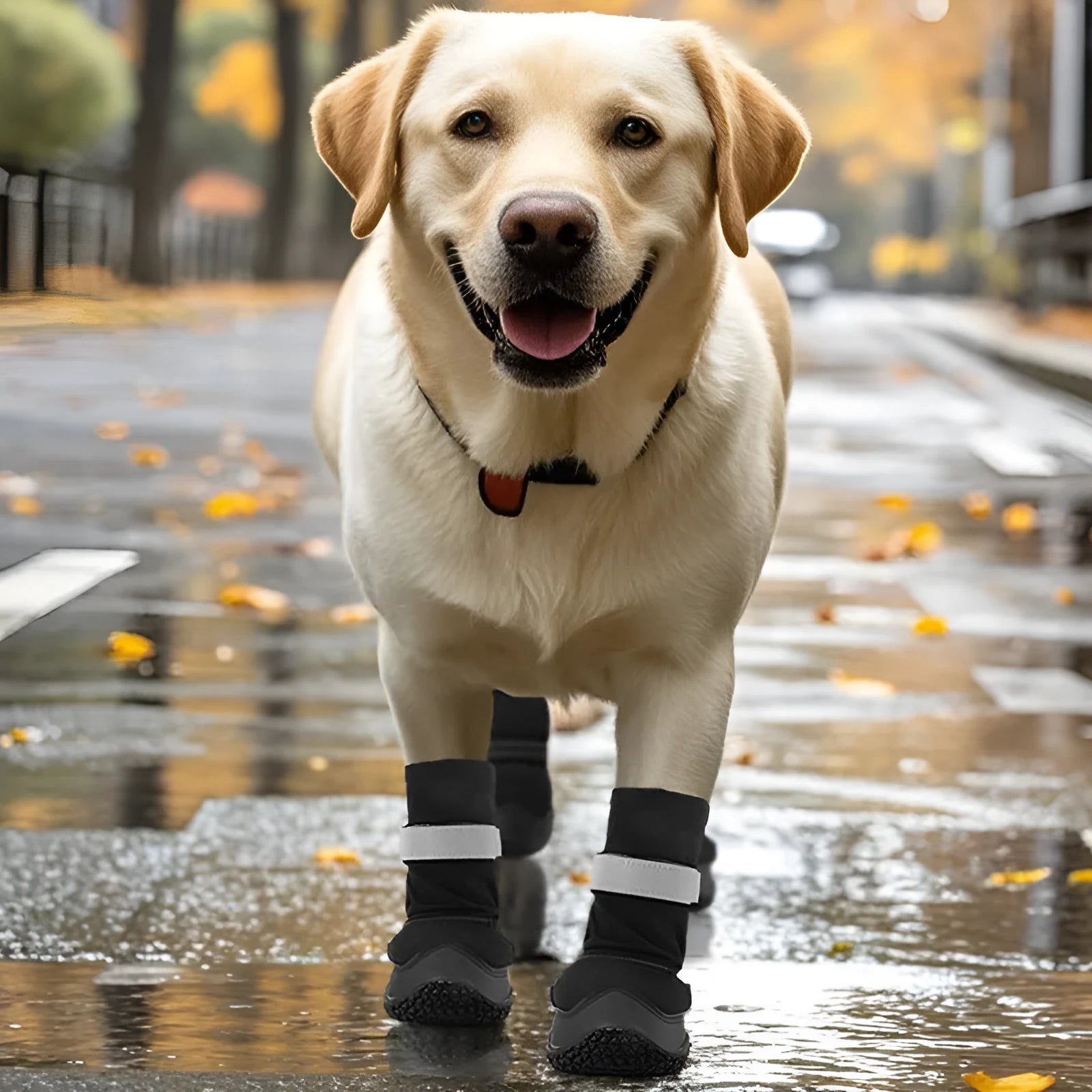 Set of four black waterproof rubber dog shoes for extended medium large breeds with non-slip soles