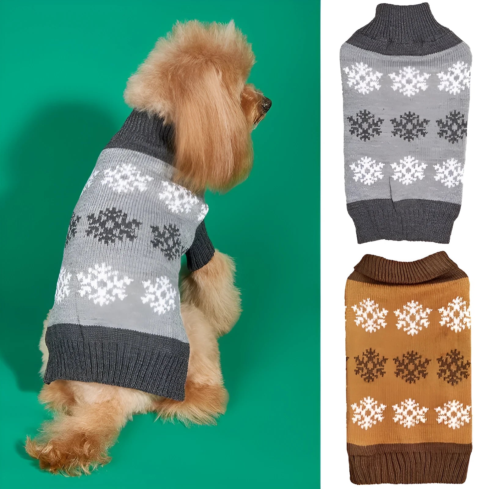 Dark brown and grey knitted dog sweater with snowflake patterns, size label shown.