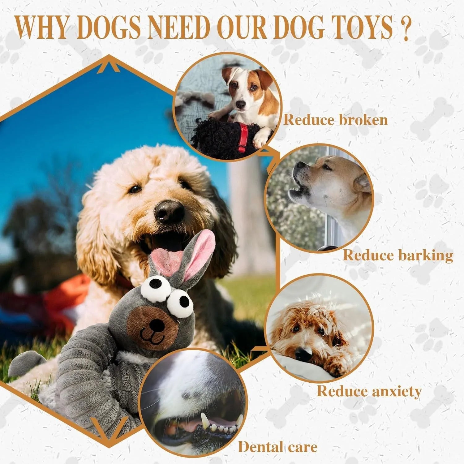 Plush squeaky dog toy with crinkle paper interior in brown, grey, and yellow colours