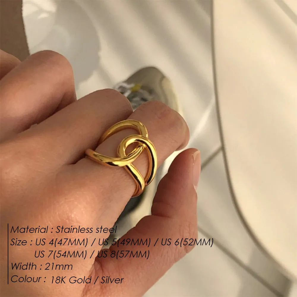 Women's adjustable geometric ring with knotted U-shape design in stainless steel
