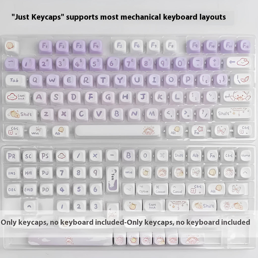 Set of gradient purple PBT keycaps for mechanical keyboards featuring a rabbit design.