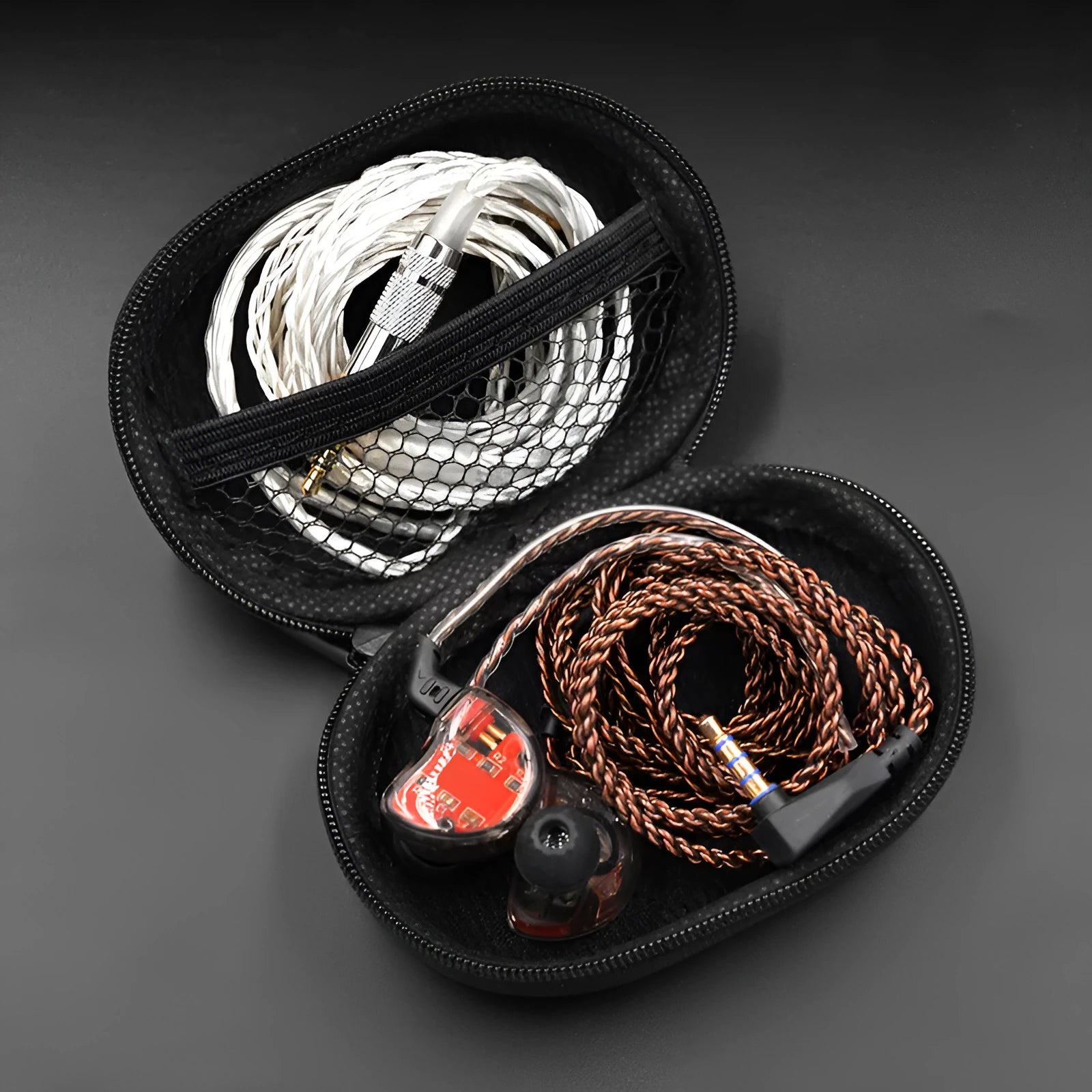 Black oval leather earphone storage case for EDX PRO and compatible in-ear monitors