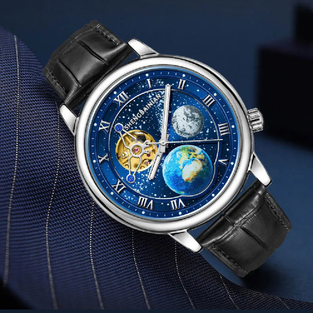 Men's mechanical watch with luminous starry dial, 43mm metal case, silver blue colour