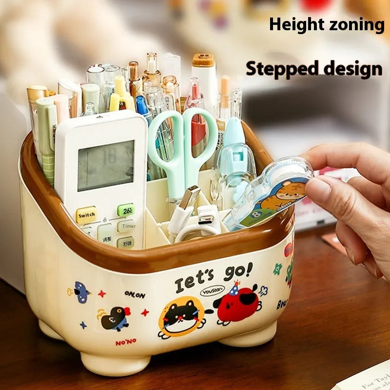 Red and brown cartoon-style desktop storage organiser with grid pattern and sticker set for labelling.