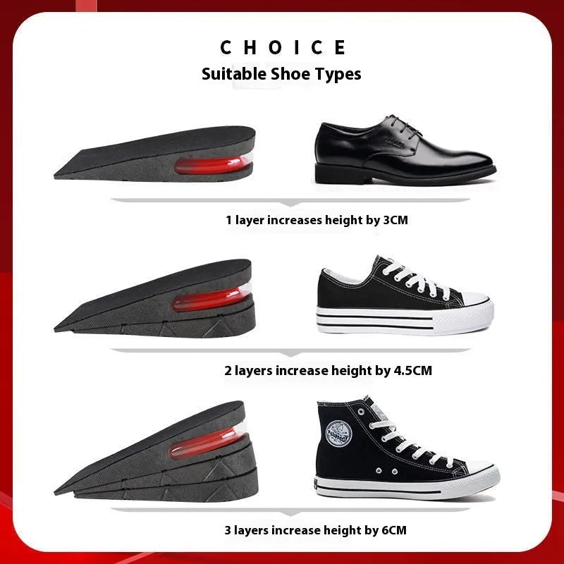 Black height increasing insole with layered design, half insole and full pad options, suitable for shoe sizes 35 to 44