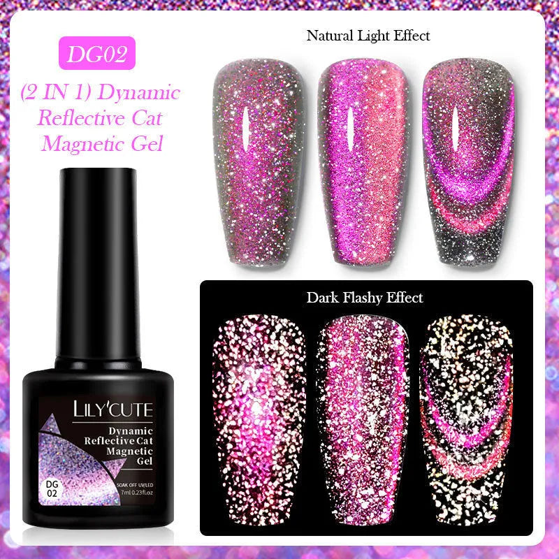 Cat eye nail polish gel with glitter and diamond fragments in six colour variations numbered 01 to 06