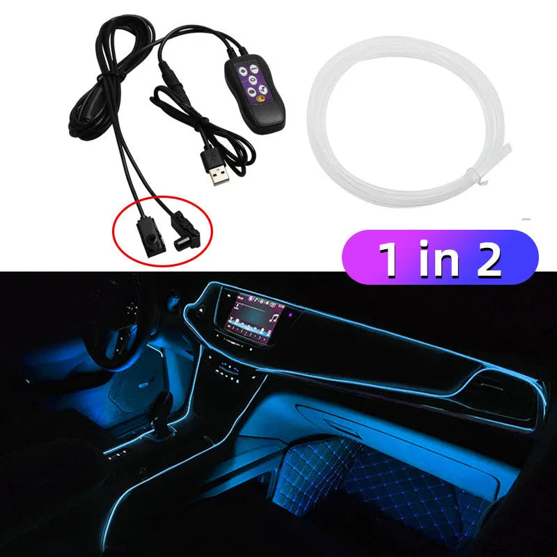 Car interior USB LED atmosphere light with colour-changing function installed along centre console