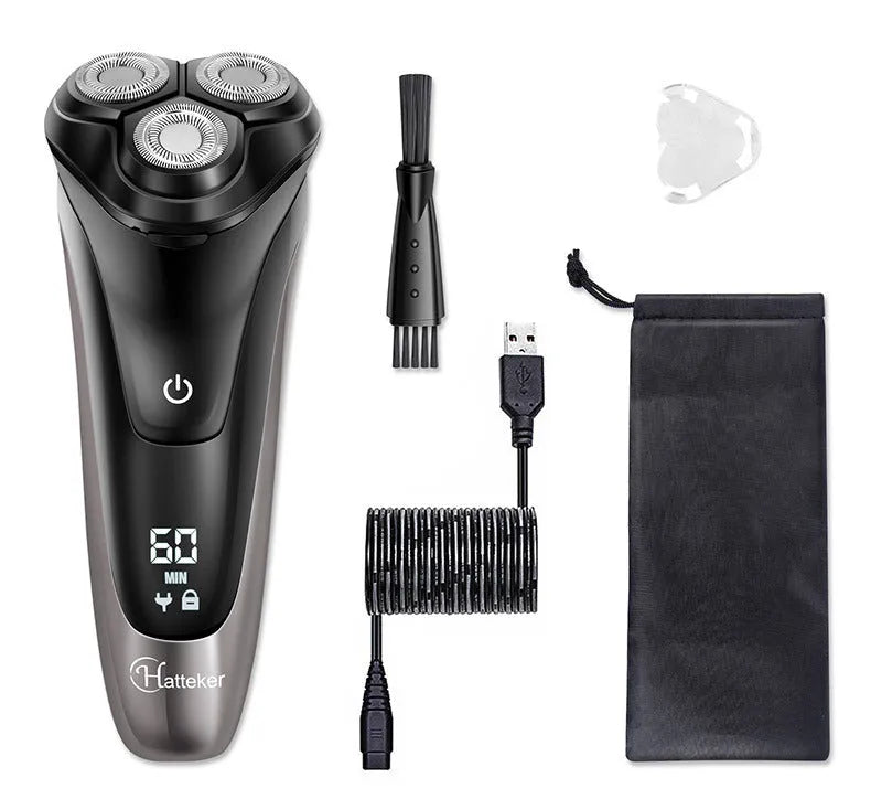 Men's electric shaver kit with three floating heads, sideburn trimmer, USB cable and cleaning accessories