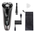 Men's electric shaver kit with three floating heads, sideburn trimmer, USB cable and cleaning accessories