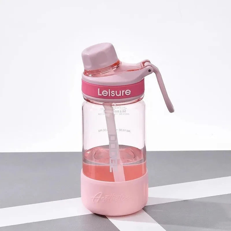 Portable cup with plastic straw in grey, green or pink with cartoon pattern design