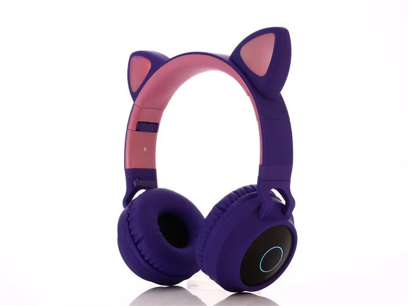 Cartoon-style wireless Bluetooth headset with cat ears, shown in a choice of five colours including green and pink.