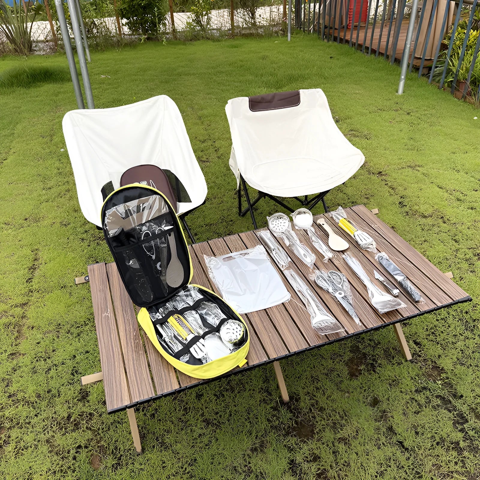 12-piece stainless steel picnic kitchenware set in khaki green brown storage bag for outdoor dining
