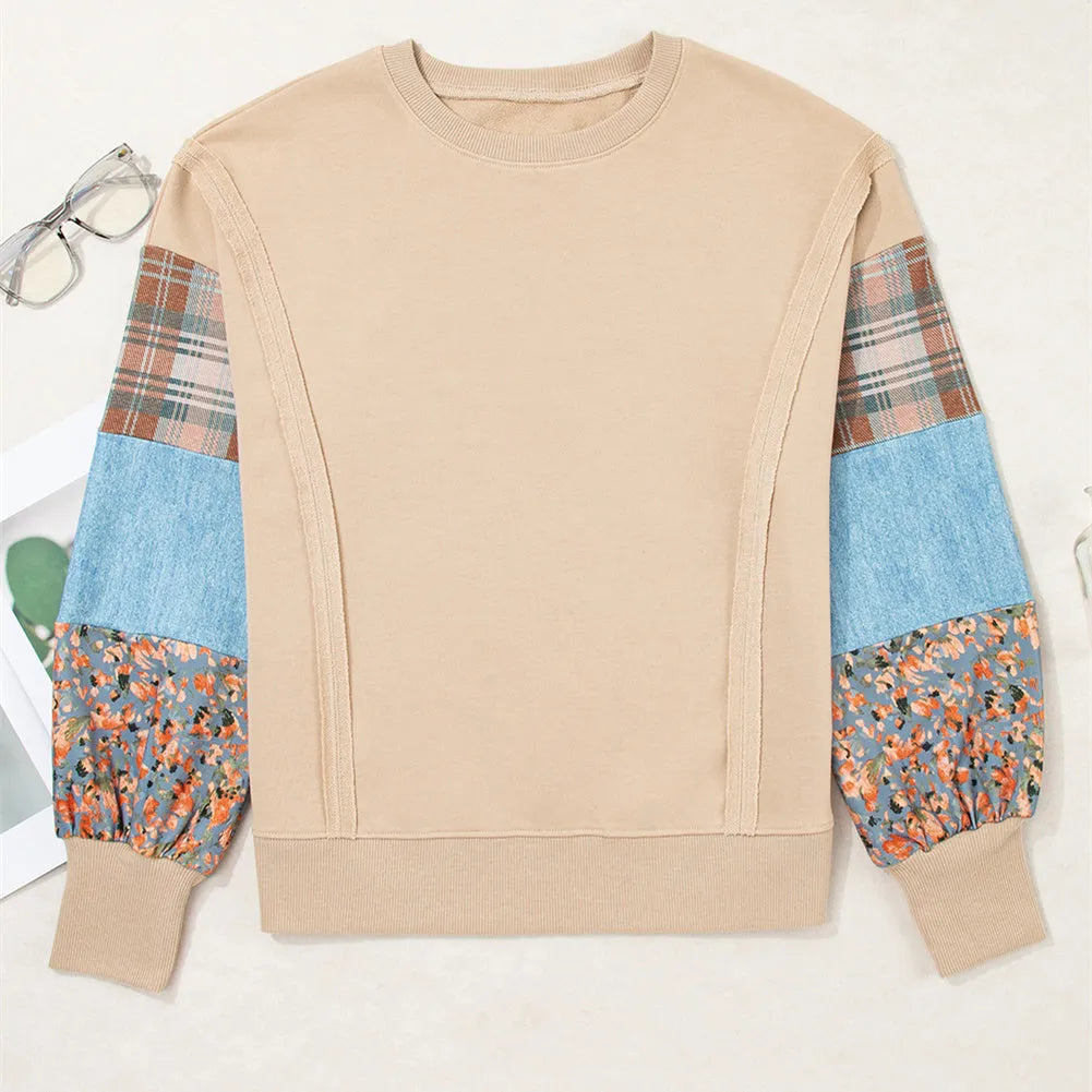 Women's plaid stitching long-sleeved top in apricot colour, loose casual style