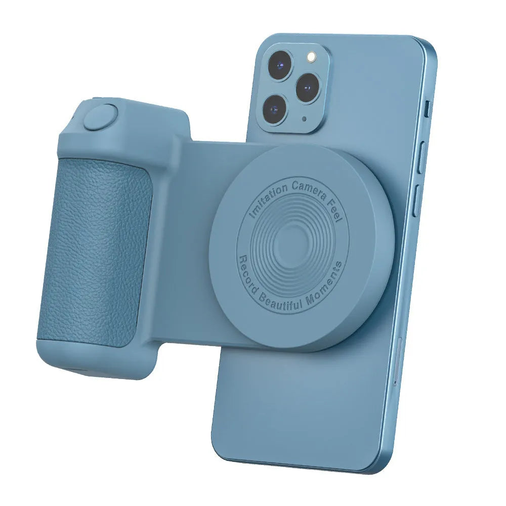 Black magnetic phone holder with ergonomic camera-style grip showing rotatable stand function