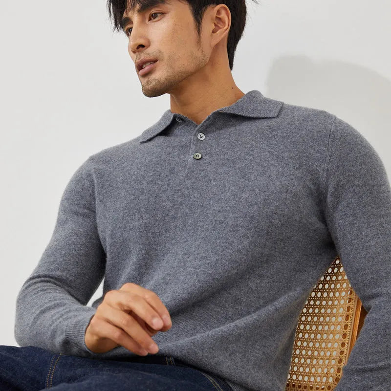 Man wearing a sapphire blue cashmere pullover sweater with a polo collar