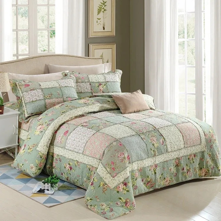Pure cotton quilted bedspread and pillowcase set in a chosen pattern, laid flat on a bed.