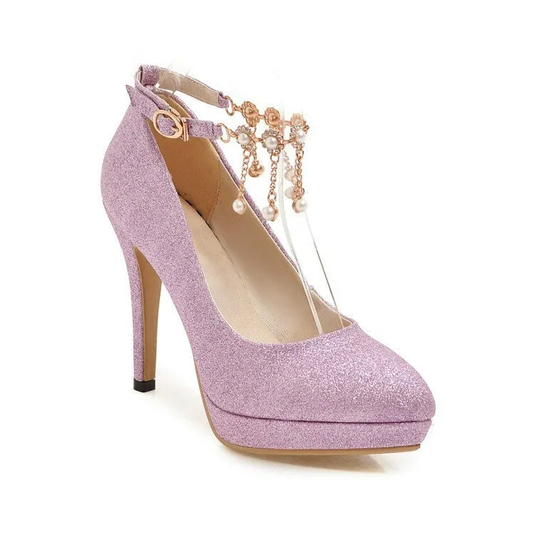 Women's blue platform stiletto high heels with a pointed toe on a white background.