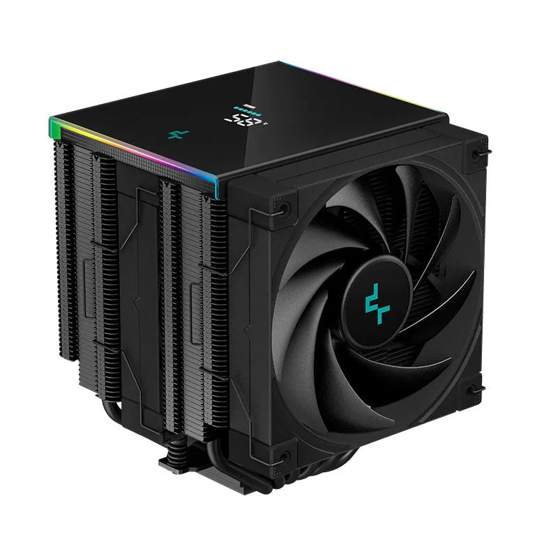 Deepcool Twin Tower CPU air cooler with digital temperature display showing black and white colour options