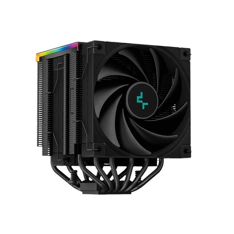 Deepcool Twin Tower CPU air cooler with digital temperature display showing black and white colour options