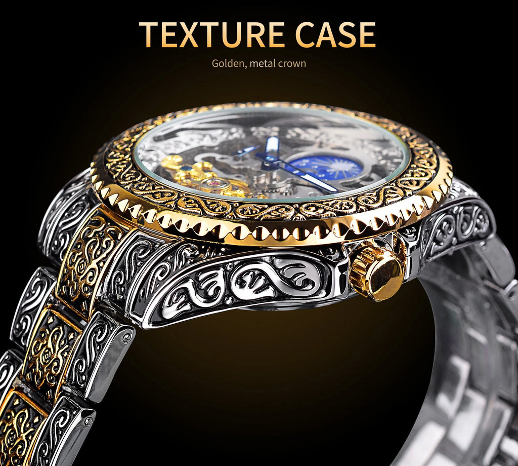 Forsining yellow skeleton tourbillon mechanical watch with stainless steel case and automatic movement