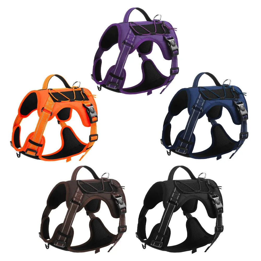 Reflective dog harness with explosion-proof hand-holding rope in orange colour showing vest design and secure grip