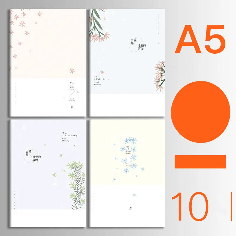 Set of 10 thread-bound softcover notebooks in various designs including kraft paper and printed patterns