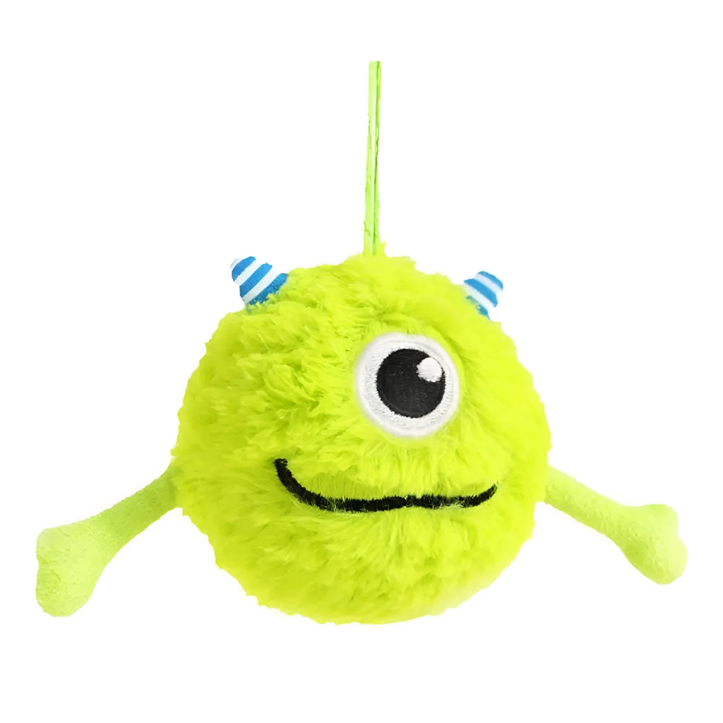 Green plush and TPR sound-activated interactive dog teething toy ball, 12cm diameter.