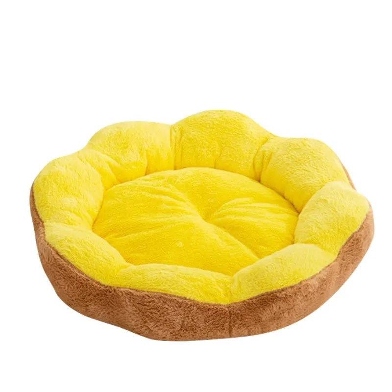 Round thick rabbit plush cat bed with removable cover in yellow brown, shown in L size.