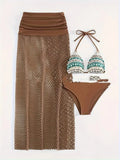 Brown women's three-piece bikini set with a long fishnet skirt on a model.