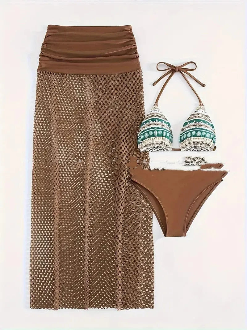 Brown women's three-piece bikini set with a long fishnet skirt on a model.
